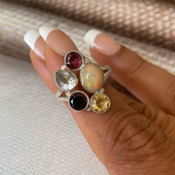 925 silver and natural Opal multi gemstone ring Adjustable Ring!! OS “VIBES” - Picture 13 of 16
